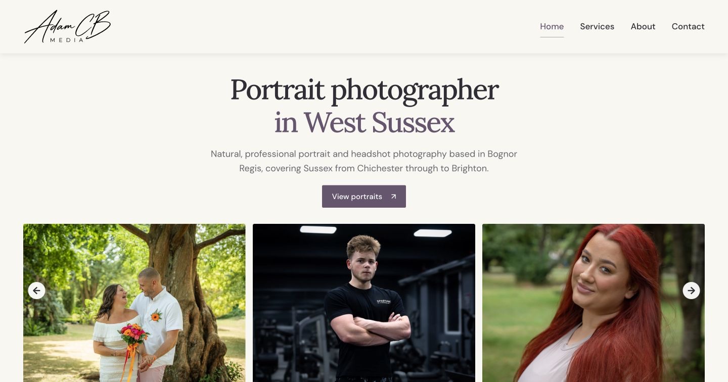 Adam CB Media landing page with portrait photography heading, navigation and photo gallery