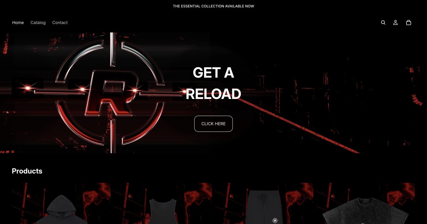 Reload Clothing landing page with shop navigation, collection banner and product catalogue