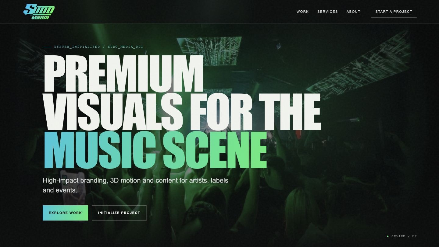 Sudo Media landing page with navigation, music visuals and project enquiry links